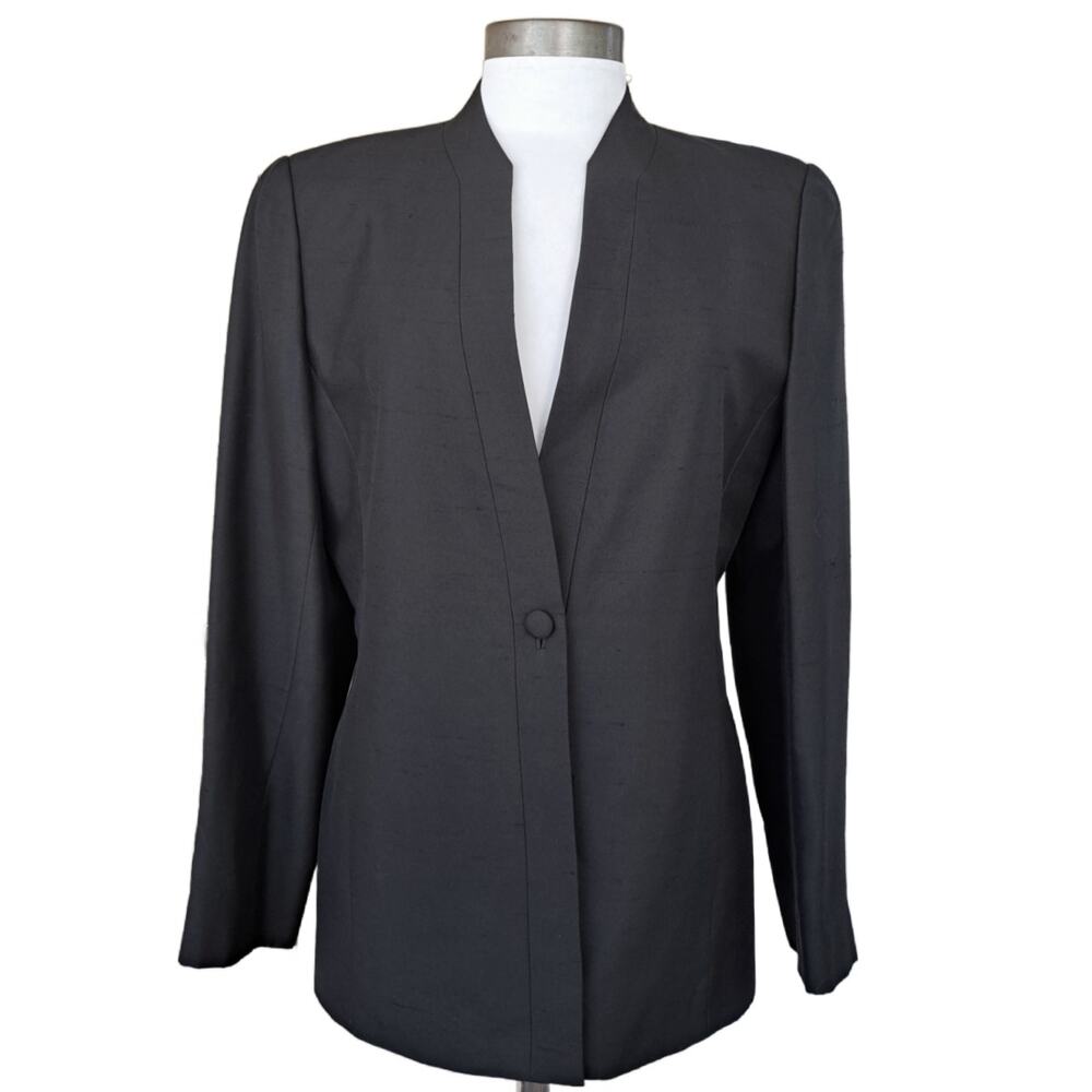 CARLISLE Black Silk Shantung Collarless Jacket Blazer Size 8 Minimalist